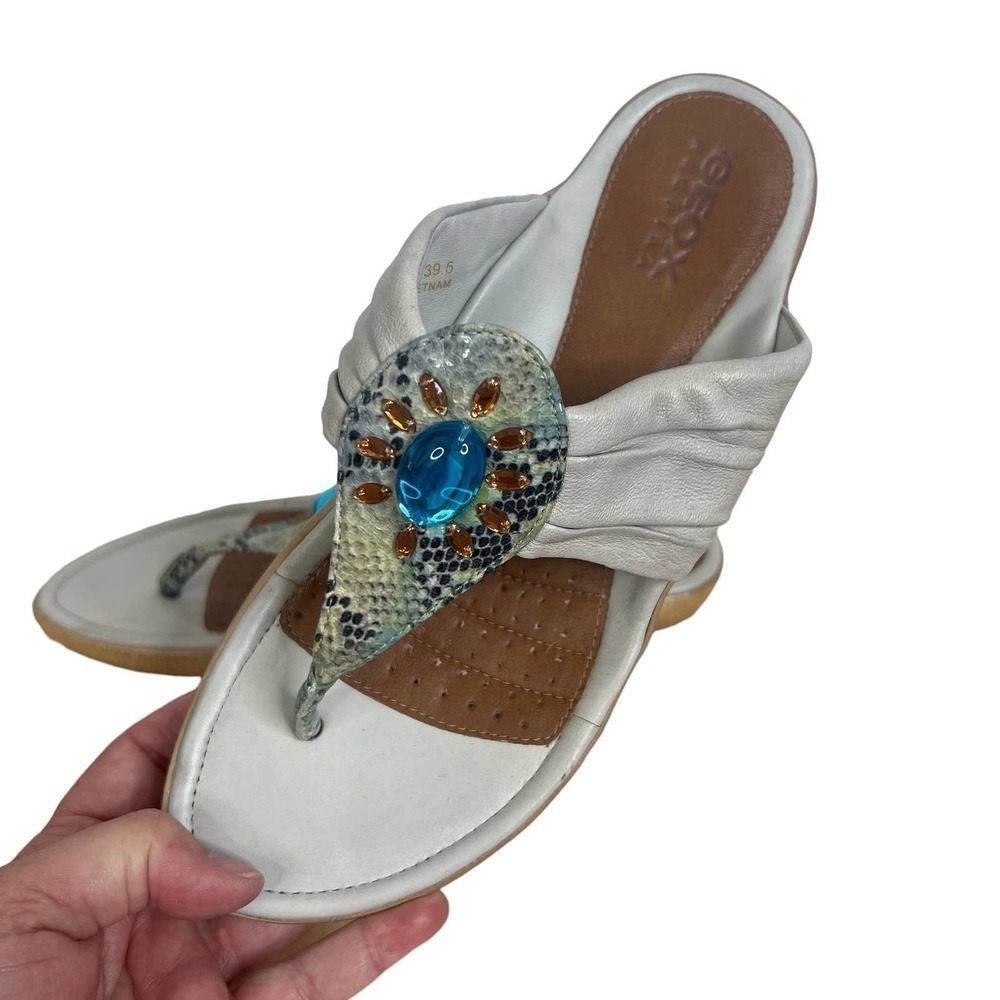 Geox Respira Dove Gray Leather Sandals with Colorful Snake Skin‎ Detailing
